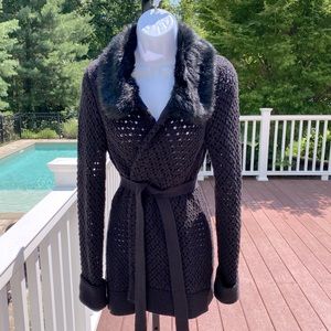 Dana Buchman black wrap cardigan with faux fur collar.  Size small